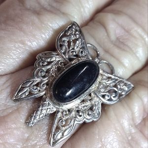 SERIOUS INQUIRIES BLACK JADE, OVAL  STERLING, BUTTERFLY FILIGREE, RING.  SIZE-10
